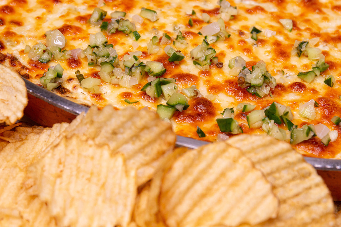 Bubblin’ Dill-icious Warm Smoked Cheese Pickle Dip