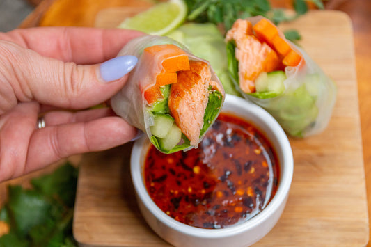 Sugartown Smoked Fish Spring Rolls with Fresh Veggies, Avocado & Lime Dipping Sauce
