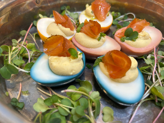 Rainbow Deviled Eggs with Sugartown Smoked Salmon Rose Buds