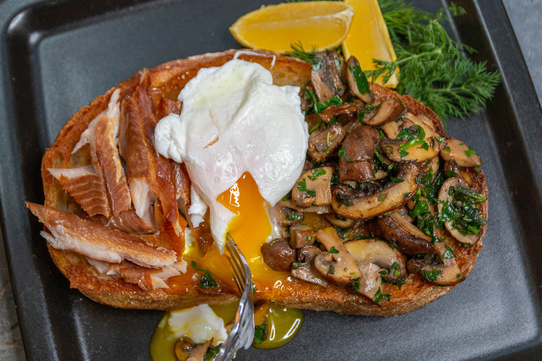 Irish-Inspired Breakfast with Smoked Trout, Browned Buttered Bread & Poached Eggs